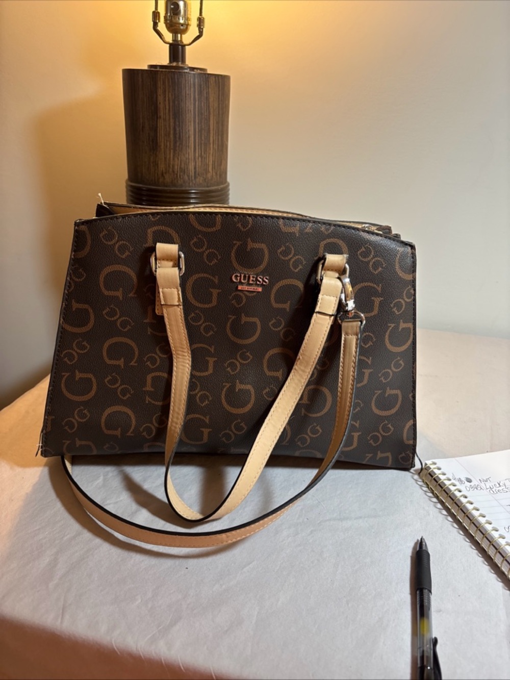 Guess Brown Logo Tote with Tan Straps